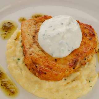Moroccan Swordfish on Creamy Polenta with Coriander and Lemon Oil
