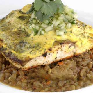 Lemon Crusted Barramundi w/ Spiced Lentils & Cucumber Mint Salsa