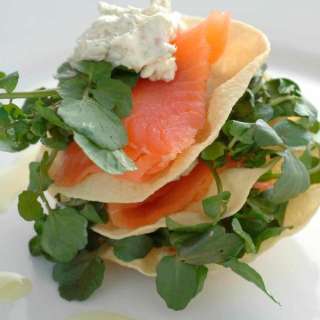 Smoked Salmon Pappadum Stack with Lime Mascarpone & Watercress