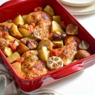 One Pan Garlic Roasted Chicken Thighs w/ Potatoes
