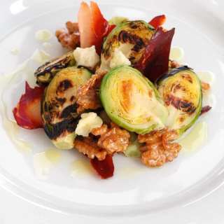 Grilled Brussel Sprout Salad w/ Walnuts, Prosciutto & Parmesan
