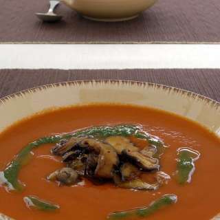 Roast Pepper Soup with Garlic Shitakes and Parsley oil