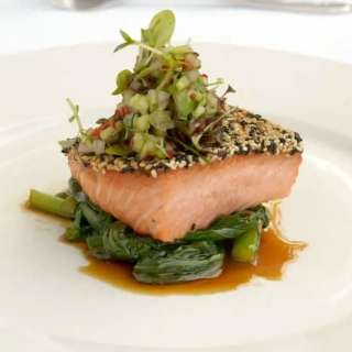 Sesame-Crusted Ocean Trout on Choy Sum & Mirin Vinaigrette
