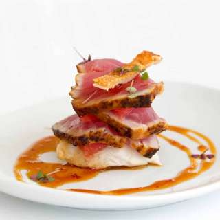 Seared Yellowfin Tuna with Sweet Pork Crackling, Ruby Red Grapefruit & Black Pepper Caramel