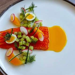 Salmon Gravlax with Cucumber, Quail Egg and Oranges
