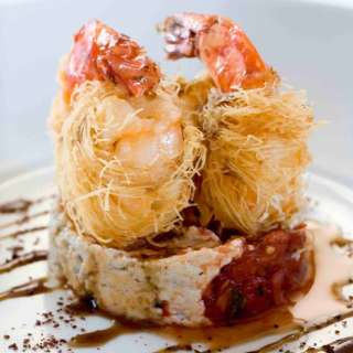 Kadayif-Wrapped King Prawns on Muhammara