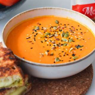 Tomato Carrot Soup w/ Pesto Mozzarella Sandwich