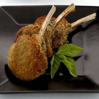 Pesto Crusted Lamb Cutlets with Eggplant and Olive Caponata