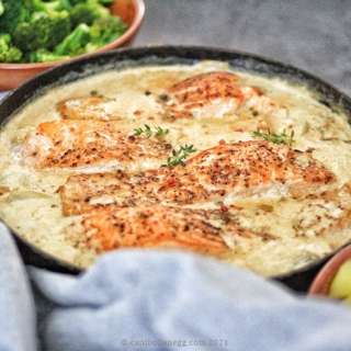 Salmon in Creamy Garlic Tuscan Sauce with Steamed Broccoli & Potatoes
