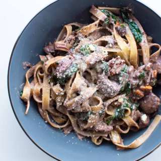 Mushroom Tagliatelle with Walnuts & Green Leaves