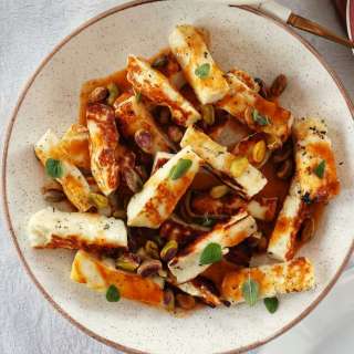 Grilled Halloumi with Orange Vinaigrette & Pistachios