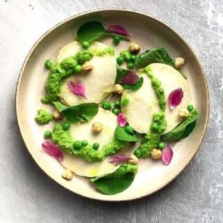 Kohlrabi Ravioli Stuffed with Avocado Cream and Pea Purée
