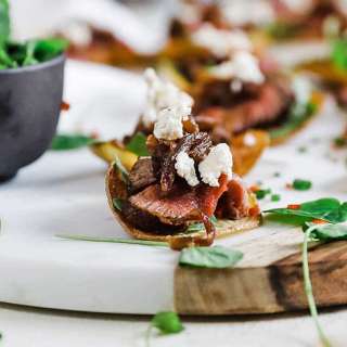 Steak Appetizer with Caramelized Onion and Boursin® Garlic & Fine Herbs Cheese