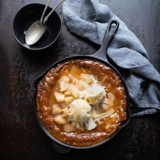 Malva pudding with ginger & pears poached in rooibos tea