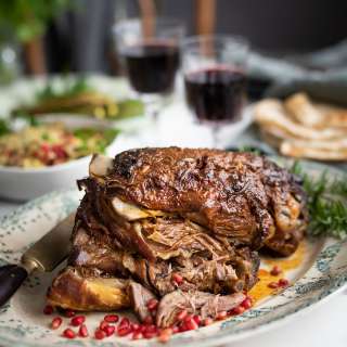 Slow-roasted shoulder of lamb with harissa and garlic