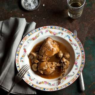 Chicken casserole with onions, apricot juice
