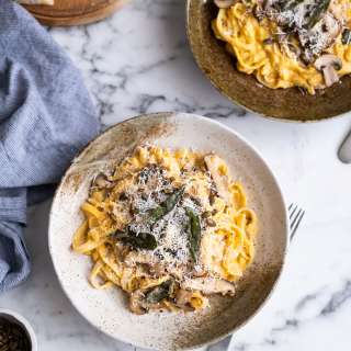 Roasted butternut & mascarpone pasta sauce with mushrooms