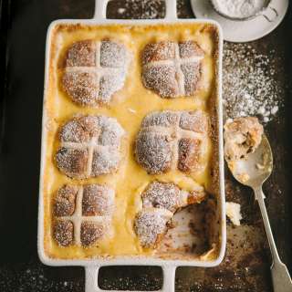 Hot cross bun pudding with chocolate and orange