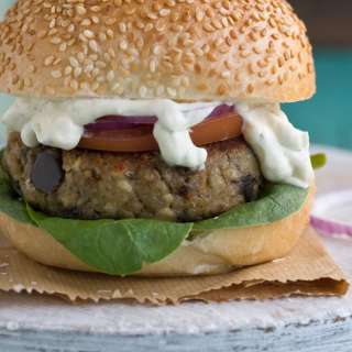 Aubergine & feta burger with minty creme fraiche