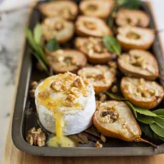 Maple & bay roasted pears with baked camembert walnuts