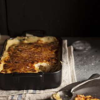 chicken, leek and mushroom pancake bake