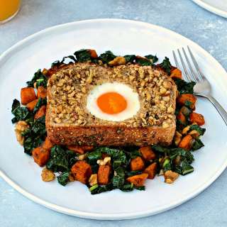 Walnut-Crusted Toad in a Hole and Sweet Potato & Kale Hash