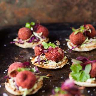 Beetroot falafel on toasted pita