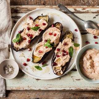 Roasted aubergines with harissa & yoghurt