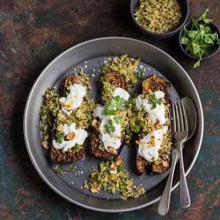 Chermoula aubergines with bulgar and yoghurt