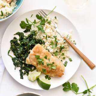 Almond-Crusted Cod with Coconut Rice and Ginger Spinach