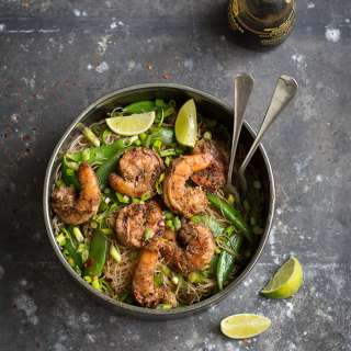 Asian noodle salad with prawns, sugar snaps, ginger & soy