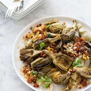 Roasted Artichokes with Chorizo Dressing