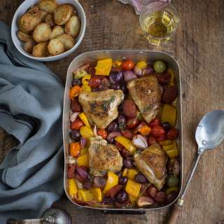 Spanish roast chicken & chorizo with tomatoes