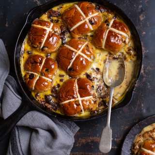 Hot cross bun pudding with chocolate & marmalade