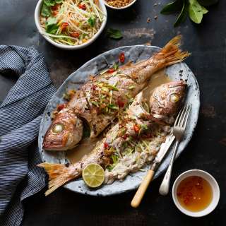 Whole roasted fish with Asian flavours & nuoc cham
