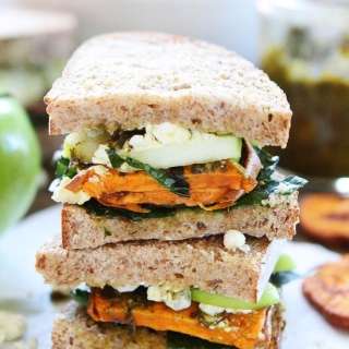 Roasted Sweet Potato Sandwich with Apples, Pesto, Kale, and Blue Cheese