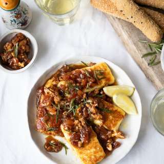 Halloumi saganaki with sultanas and pecans