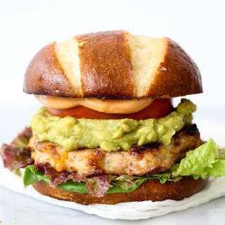 Bacon Cheddar Chicken Burgers with Guacamole and BBQ Mayo