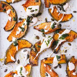 Roasted pumpkin with chilli yoghurt and coriander sauce