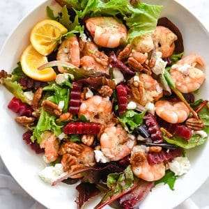 Green Salad with Shrimp, Beets, Glazed Pecans and Goat Cheese