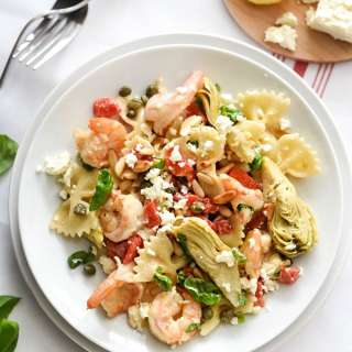 Shrimp Pasta with Roasted Red Peppers and Artichokes