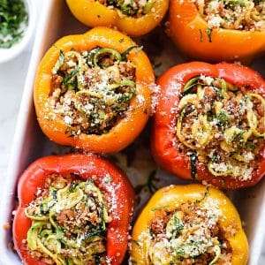 Spiralized Zucchini, Quinoa and Turkey Sausage Stuffed Peppers