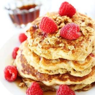 Raspberry Coconut Granola Pancakes