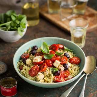 Orzo pasta with roasted tomatoes, feta and olives