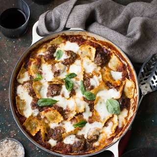 Meatball and spinach ravioli bake