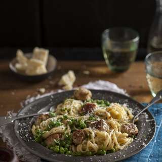 Sausage and pea carbonara