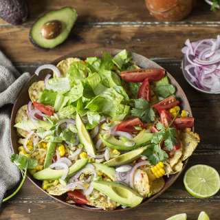 Salad nachos with home-preserved zesty salsa