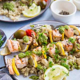 Grilled Salmon Kabobs with Pesto