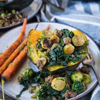 Stuffed Acorn Squash with Ground Beef, Brussels Sprouts, and Kale