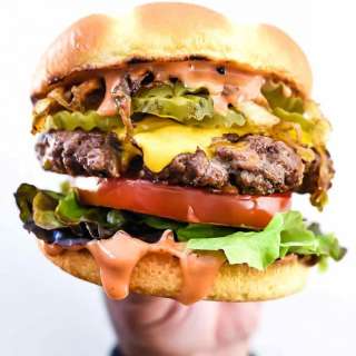 Bacon Double Cheddar Cheeseburger with Caramelized Onions